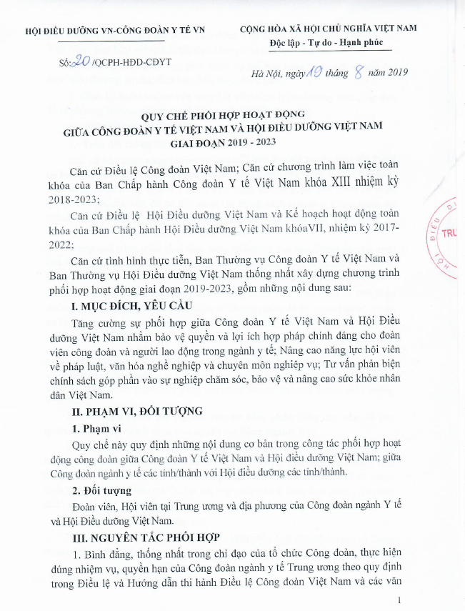 Quy chế phối hợp giữa Hội Điều dưỡng Việt Nam – Công đoàn y tế Việt Nam  