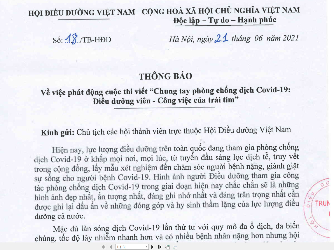 Phát động cuộc thi viết ” Chung tay phòng chống dịch Covid-19: Điều dưỡng viên – Công việc của trái tim”  