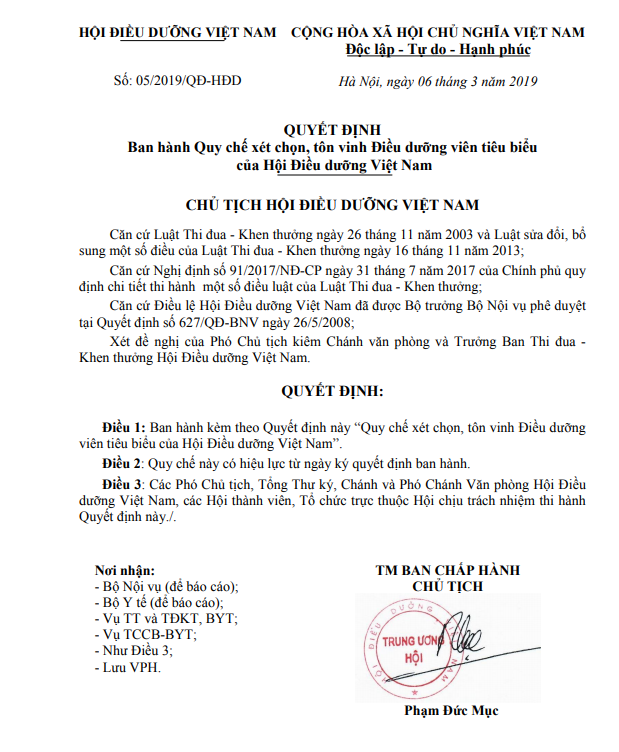 Quy chế xét chọn và tôn vinh Điều dưỡng viên tiêu biểu Hội Điều dưỡng Việt Nam  